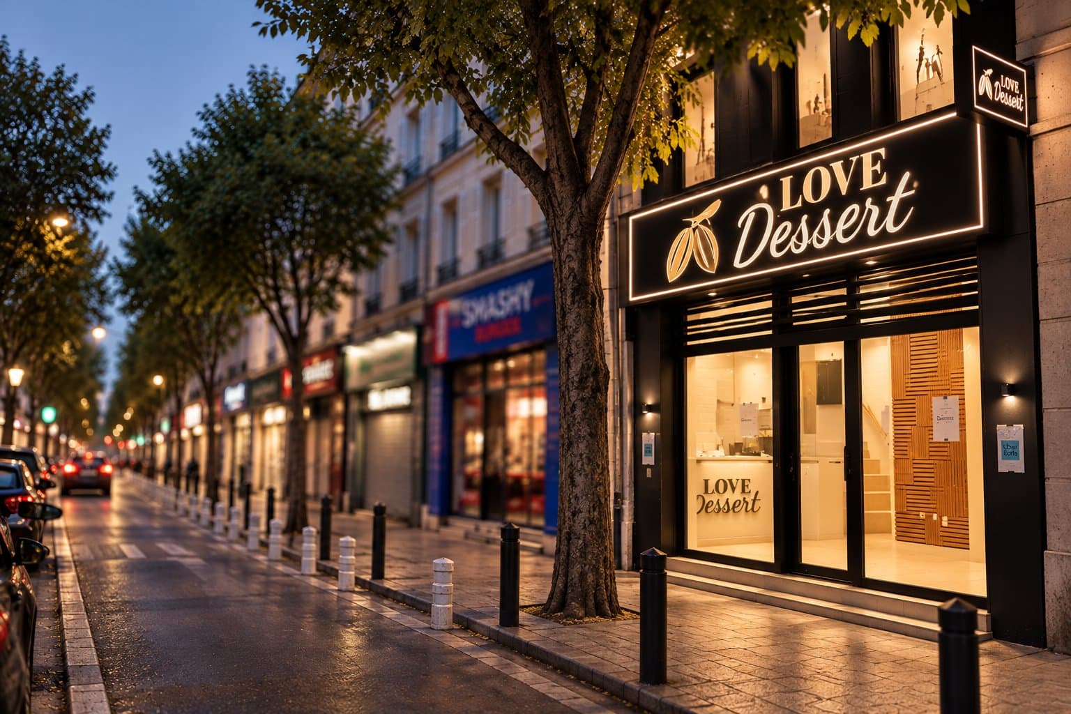 Façade d’une boutique Love Dessert le soir, enseigne allumée